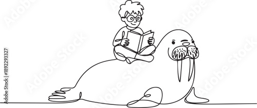 Single one line drawing boy reading book on cute walrus. Reading while practicing. Getting know animal anatomy. The nerd. Boy Reading Book at Animal Back. one line Icon drawing
