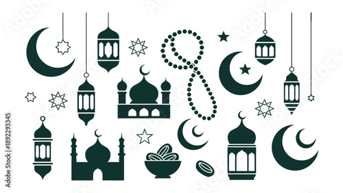 Islamic Silhouette: An array of intricate silhouettes symbolizing Islamic traditions, including mosques, crescent moons, lanterns, and prayer beads.