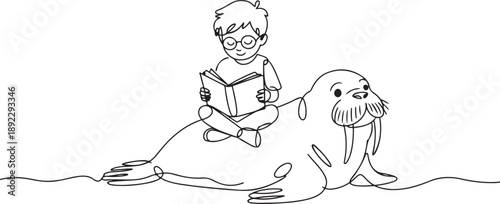 Single one line drawing boy reading book on cute walrus. Reading while practicing. Getting know animal anatomy. The nerd. Boy Reading Book at Animal Back. one line Icon drawing