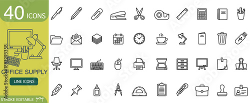 Professional office supply icon set featuring thin line outline symbols. Vector graphic collection perfect for an organized business, representing work and stationery items