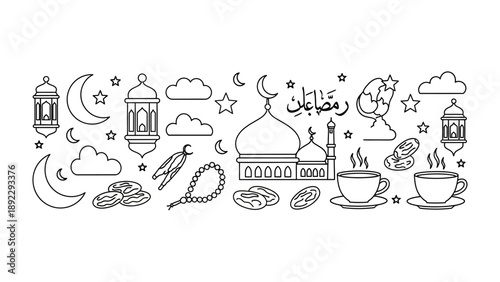 Ramadan Icons: A collection of Ramadan-themed icons, featuring a mosque, lanterns, crescent moon, and other festive symbols associated with the holy month of Ramadan.