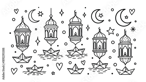 Magical Lanterns in the Night Sky: Intricate line art depicts a whimsical night scene, with ornate lanterns illuminating the night sky.