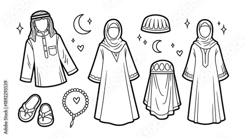 Culture Clothing Illustrations: Intricate line art depicts diverse traditional attire, accessories, and spiritual elements, celebrating cultural heritage and symbolic artistry.