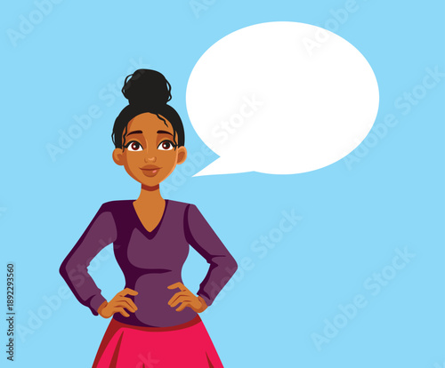 Woman of African Ethnicity with Speech Bubble Vector Illustration.  Person of color with a blank chat box making a digital marketing announcement 
