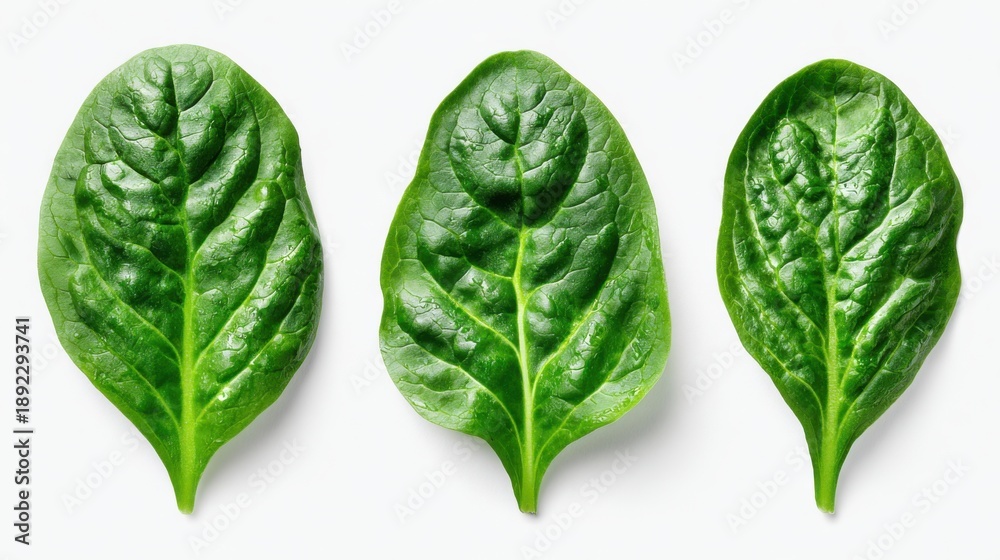 Fototapeta premium Fresh green spinach leaves isolated on clean white background showing healthy organic vegetable nutrition concept for food preparation and culinary design