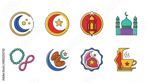 Ramadan Icons Collection: An array of vibrant and culturally rich Ramadan-themed icons, featuring a crescent moon, mosque, lantern, and other symbols of the holy month.
