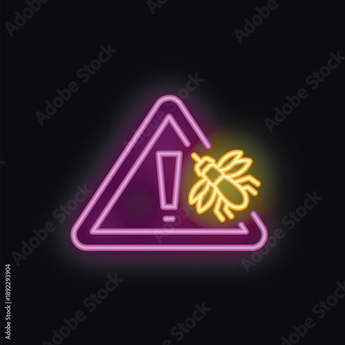 Neon sign in the shape of a triangle with an exclamation point warning about insects