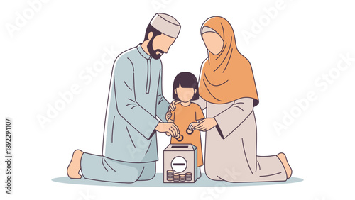 Family and Charity: A heartwarming illustration depicts a Muslim family of three, embracing the values of generosity as they jointly contribute to a charity box, embodying communal giving.