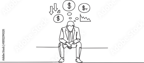 Continuous one line drawing businessman sad sitting on wall thinking of profit loss, crisis and financial losses in the trading market. Evaluation business concept. one line Icon drawing