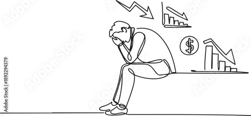 Continuous one line drawing businessman sad sitting on wall thinking of profit loss, crisis and financial losses in the trading market. Evaluation business concept. one line Icon drawing