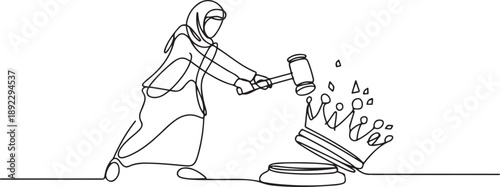 Single one line drawing Arabian businesswoman preparing to hit big crown. Destroying symbols of authoritarian kingdom. Expect justice for business people. one line Icon drawing