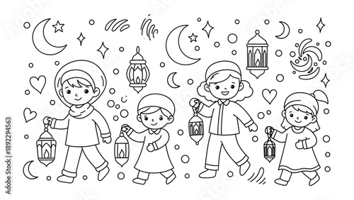 Joyful Lantern Celebration: A charming illustration depicts a group of children cheerfully carrying lanterns, embracing the spirit of festive celebration and unity under the night sky.