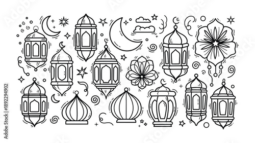 Islamic Lanterns Illustrations: An exquisite display of traditional Islamic lanterns, showcasing intricate designs and patterns, accompanied by celestial elements like the moon and stars.