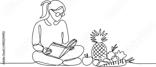 Single one line drawing girl reading next to pineapple. Anti sleepiness reading with pineapple snack. The nerd. Girl Reading Book at Vegetables and Fruits. one line Icon drawing