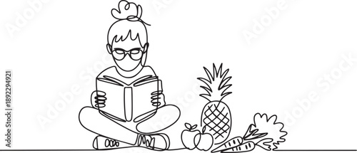 Single one line drawing girl reading next to pineapple. Anti sleepiness reading with pineapple snack. The nerd. Girl Reading Book at Vegetables and Fruits. one line Icon drawing