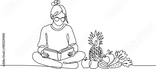 Single one line drawing girl reading next to pineapple. Anti sleepiness reading with pineapple snack. The nerd. Girl Reading Book at Vegetables and Fruits. one line Icon drawing