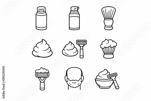 Male grooming tools and shaving essentials icons set