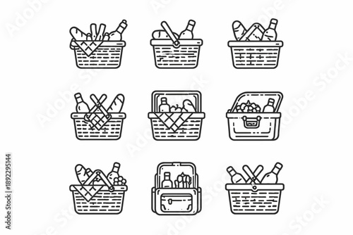 Set of nine picnic basket icons packed with food and drink