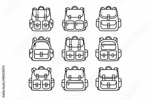 Set of nine outline backpack designs for school and travel essentials