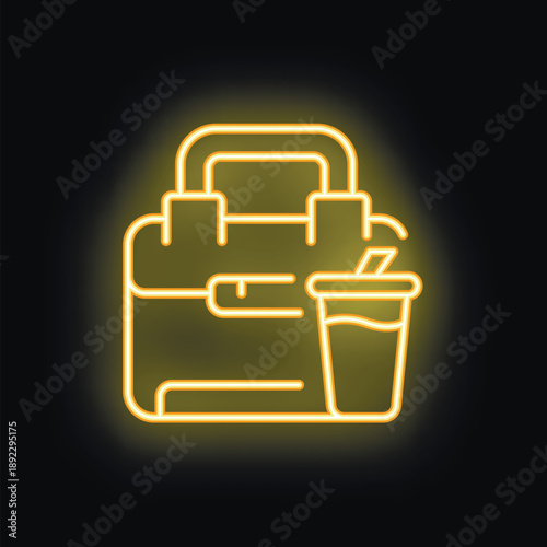 Glowing neon icon of lunch bag with food container and drink for take away or food delivery service