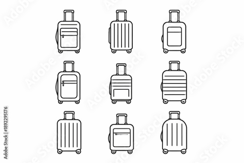 Set of nine outline suitcases with wheels and handles in various designs