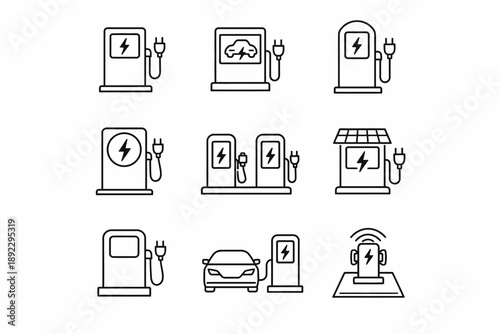 Electric vehicle charging stations icon set: various designs for sustainable travel