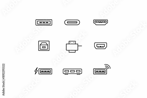 Various types of computer ports and connectors in a minimalist design