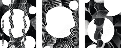 Glitch distorted geometric shape . Noise destroyed logo . Trendy cyber punk poster . Glitched frame .Grunge textured . Distressed effect .Vector shapes with a halftone dots screen print texture.