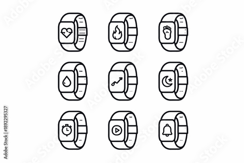 Set of nine smartwatch icons with fitness and health symbols