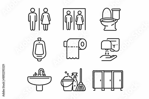 Restroom icons set: toilets, sinks, hygiene, gender symbols, cleaning tools