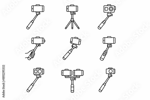 Variety of camera designs on tripods and selfie sticks outline illustration