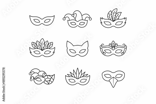 Collection of nine decorative mask outlines for festive celebrations