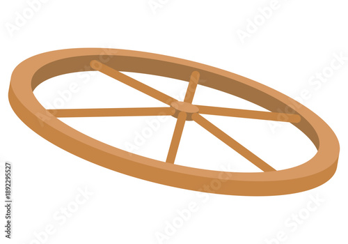 A wooden wheel in cartoon style. Vector design element in Wild West, rustic, rural, antique, and vintage style.