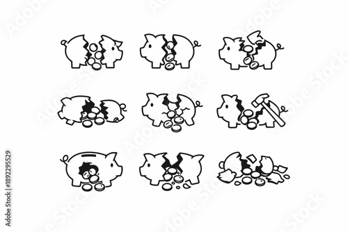 Piggy bank set: savings, growth, breaking, financial concepts