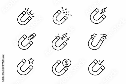 Set of nine minimalist magnet icons with symbols like lightning and dollar sign