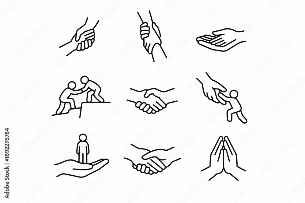 Fototapeta premium Line art illustrations of helping hands and supportive gestures