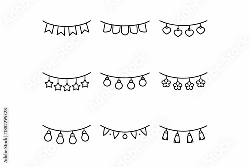 Hand-drawn festive garland icons featuring banners, hearts, stars, bulbs, flowers, and tassels