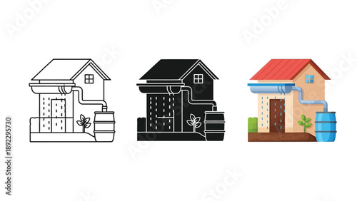 Rainwater harvesting system house icon set with outline, solid black and color variations for sustainable water management illustration
