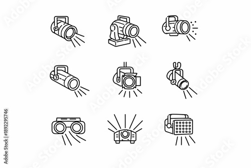 Outline icons of stage lights and projectors on white background