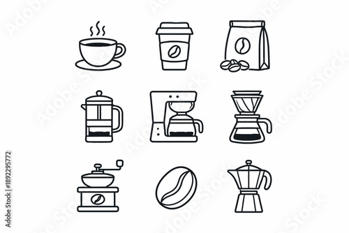 Hand-drawn coffee icons: cups, beans, french press, grinder, coffee maker, kettle