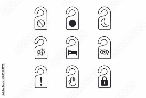 Set of nine minimalist door hanger icons featuring do not disturb and privacy symbols