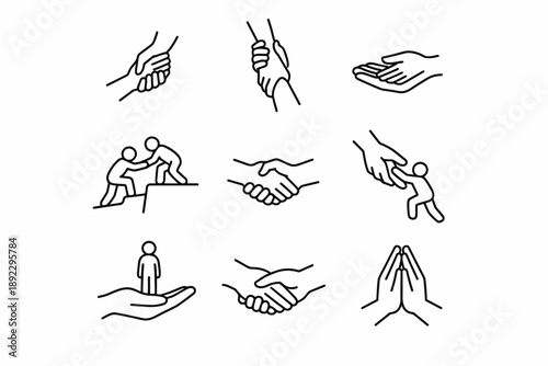 Line art illustrations of helping hands and supportive gestures