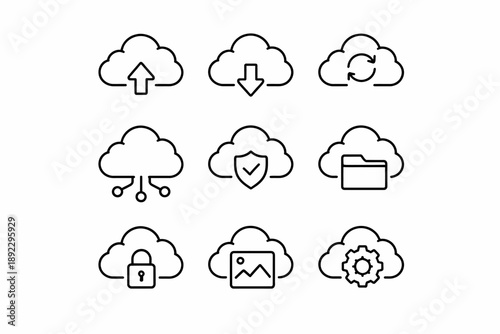 Cloud computing icons: upload, download, sync, security, storage, settings