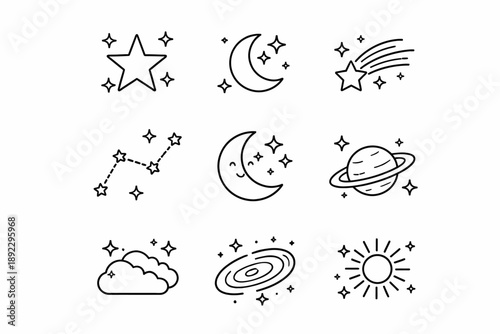Celestial icons: stars, moon, constellations, and planets in minimalist line art