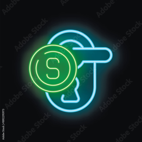 Glowing neon icon of a key unlocking a dollar coin, symbolizing the concept of paid access