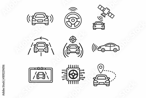 Autonomous driving technology icons featuring gps, sensors, and ai systems