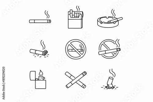 Smoking-related icons: cigarette, lighter, prohibition, ashtray, vape