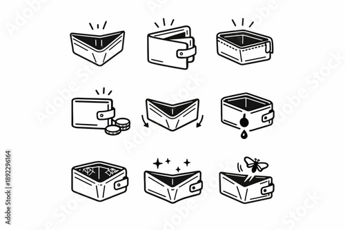 Various wallet icons depicting full, secure, empty, and damaged states