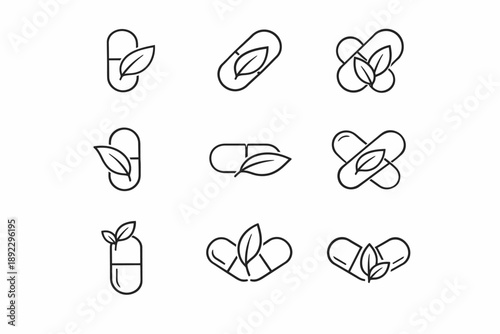Set of line art capsules with leaves illustrating natural medicine concepts