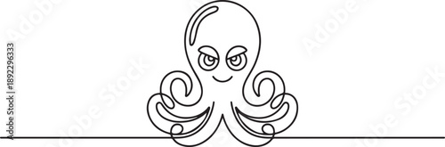 One single line drawing of scary octopus for business logo identity. Funny cute tentacle animal emblem mascot concept for company icon. one line Icon drawing